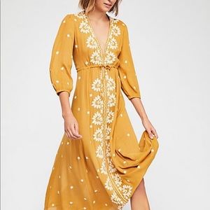 Embroidered Fable Dress, XS, Mustard-Gold-Brown